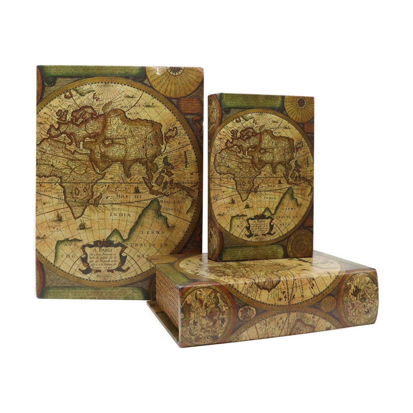 Magnetic cover / Decorative Book Boxes World Pattern Antique Book Invisible box / Map / Set of 3