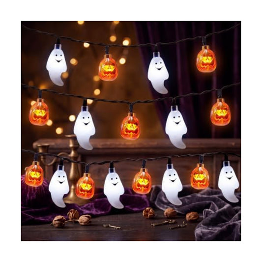 JOYIN Halloween String Lights Decorations, 19.7FT 30 LED Battery Operated Ghost Pumpkin 3D String Light with 8 Lighting Modes for Home Indoor Outdoor Halloween Party Decor(Orange/White Color)