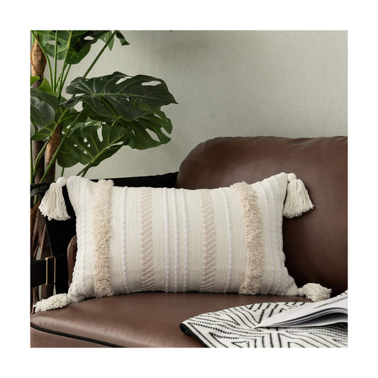 Lumbar Decorative Boho Throw Pillow Cover / 20 x 12 / Neutral / Cream