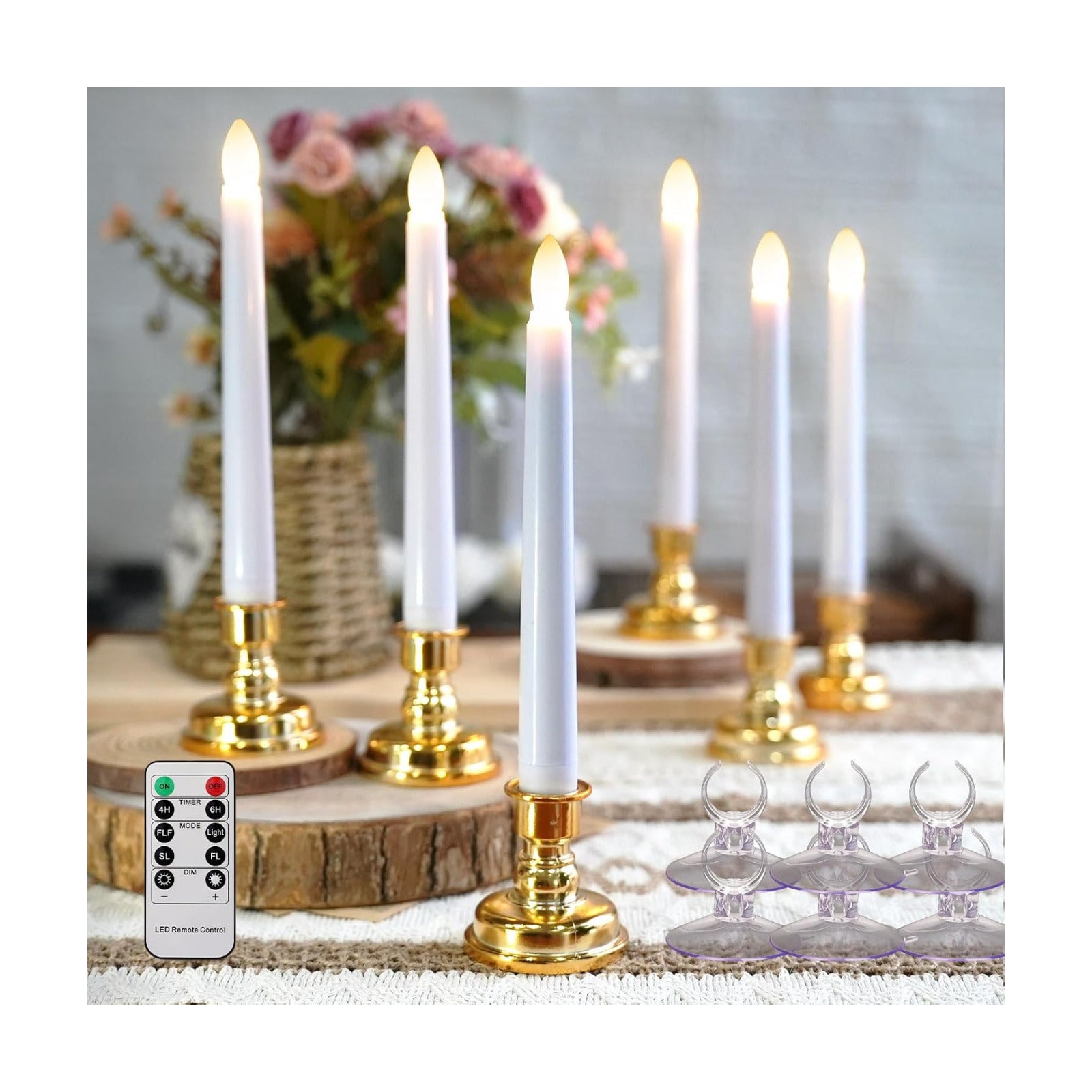 FPOO 6PCS Christmas Window Candles with Timer, Led Flickering Flameless Candles with Remote, Battery Operated Taper