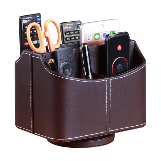 Remote Control Holder PU Leather 360 Degrees Rotatable Desktop Supply Organizer Storage / A Brown
