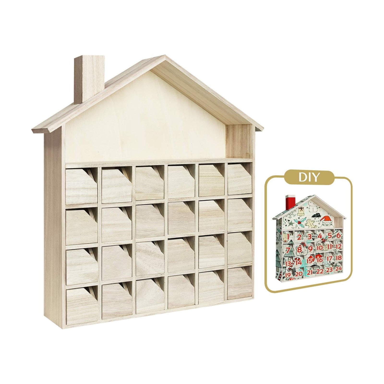 Sunlit Christmas Wooden Advent Calendar with Drawers, Unfinished Wooden, House Shaped Countdown Calendar Ready to