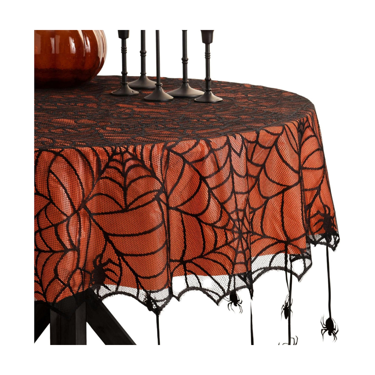 Crawling Halloween Spider Lace Lined Tablecloth, Black - 70" W x 70" L Round