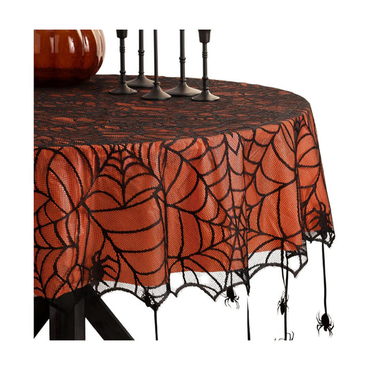 Crawling Halloween Spider Lace Lined Tablecloth, Black - 70" W x 70" L Round