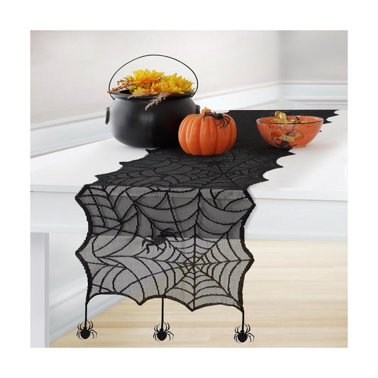 Crawling Halloween Spider Lace Table Runner, Black - 13"W x 70"L