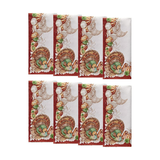 Holiday Turkey Bordered Fall Napkins, Set of 8, Multicolor - 17" W x 17" L