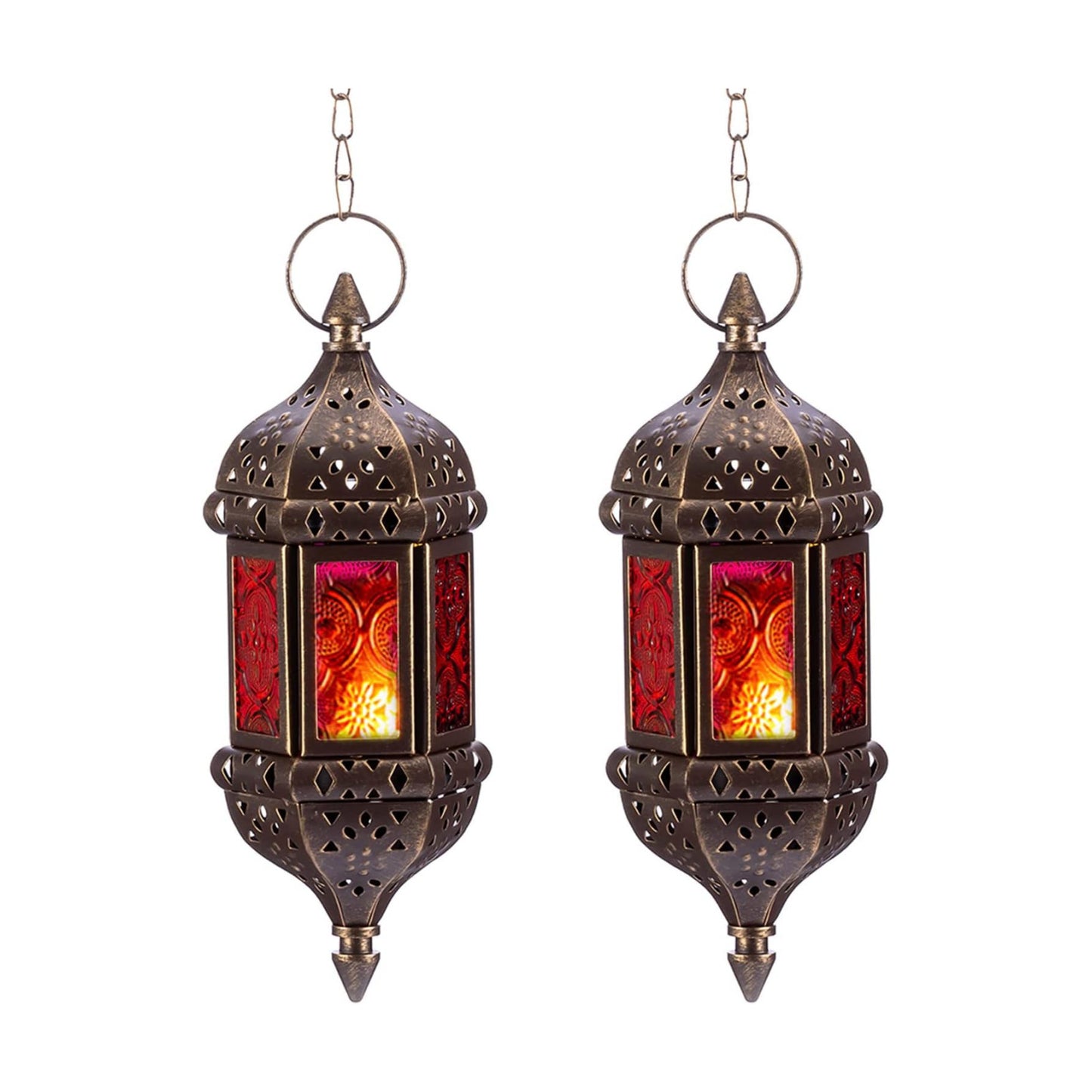2 Pcs Hanging Hexagon Decorative Moroccan Candle Lantern Holders, Handmade Hanging Tea Light Holder in Bronze Metal &