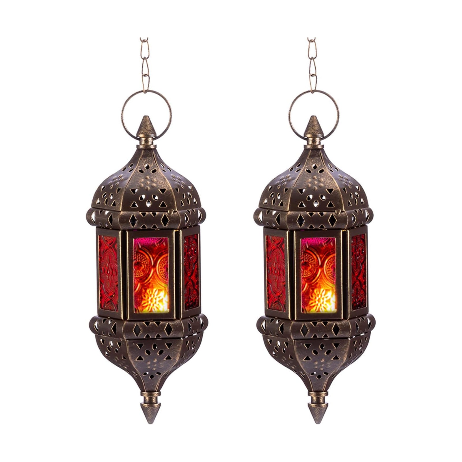 2 Pcs Hanging Hexagon Decorative Moroccan Candle Lantern Holders, Handmade Hanging Tea Light Holder in Bronze Metal &