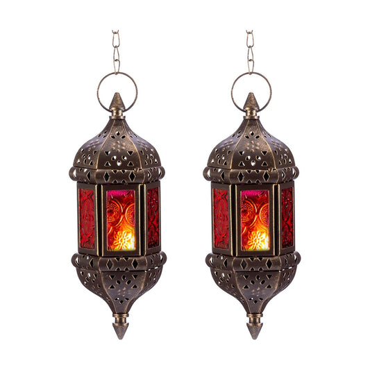 2 Pcs Hanging Hexagon Decorative Moroccan Candle Lantern Holders, Handmade Hanging Tea Light Holder in Bronze Metal &