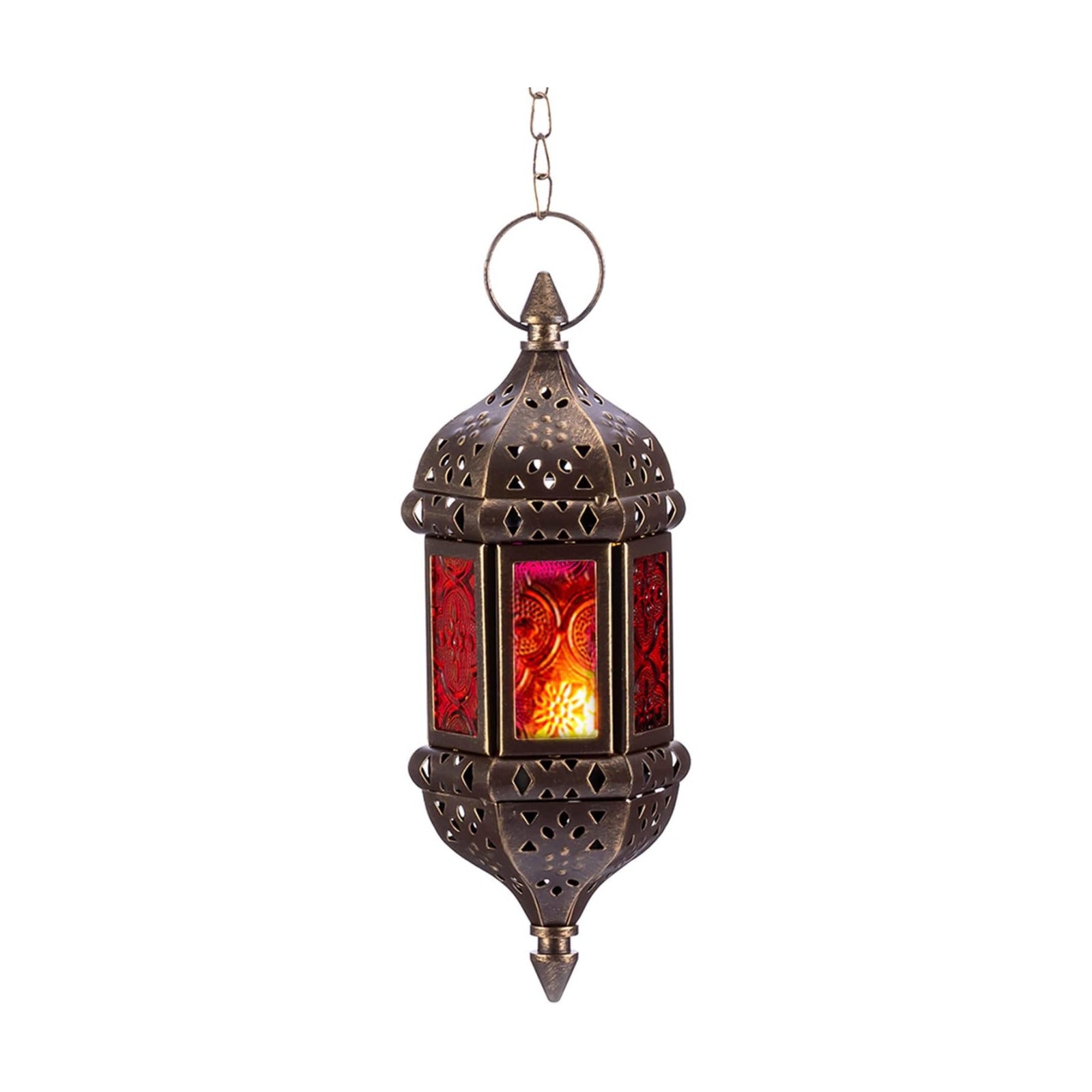Hanging Hexagon Decorative Moroccan Candle Lantern Holders, Handmade Hanging Tea Light Holder in Brown Metal & Red &