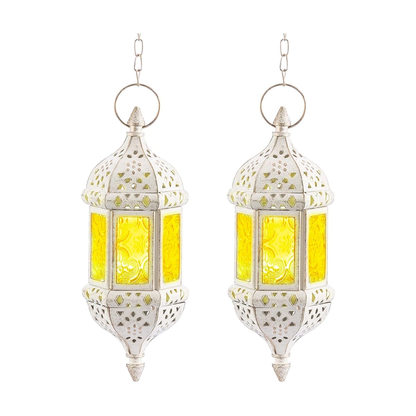 2 Pcs Moroccan Lantern Metalwork Hanging Tealight Candle Holder Metal Glass Indoor Outdoor Battery Operated LED