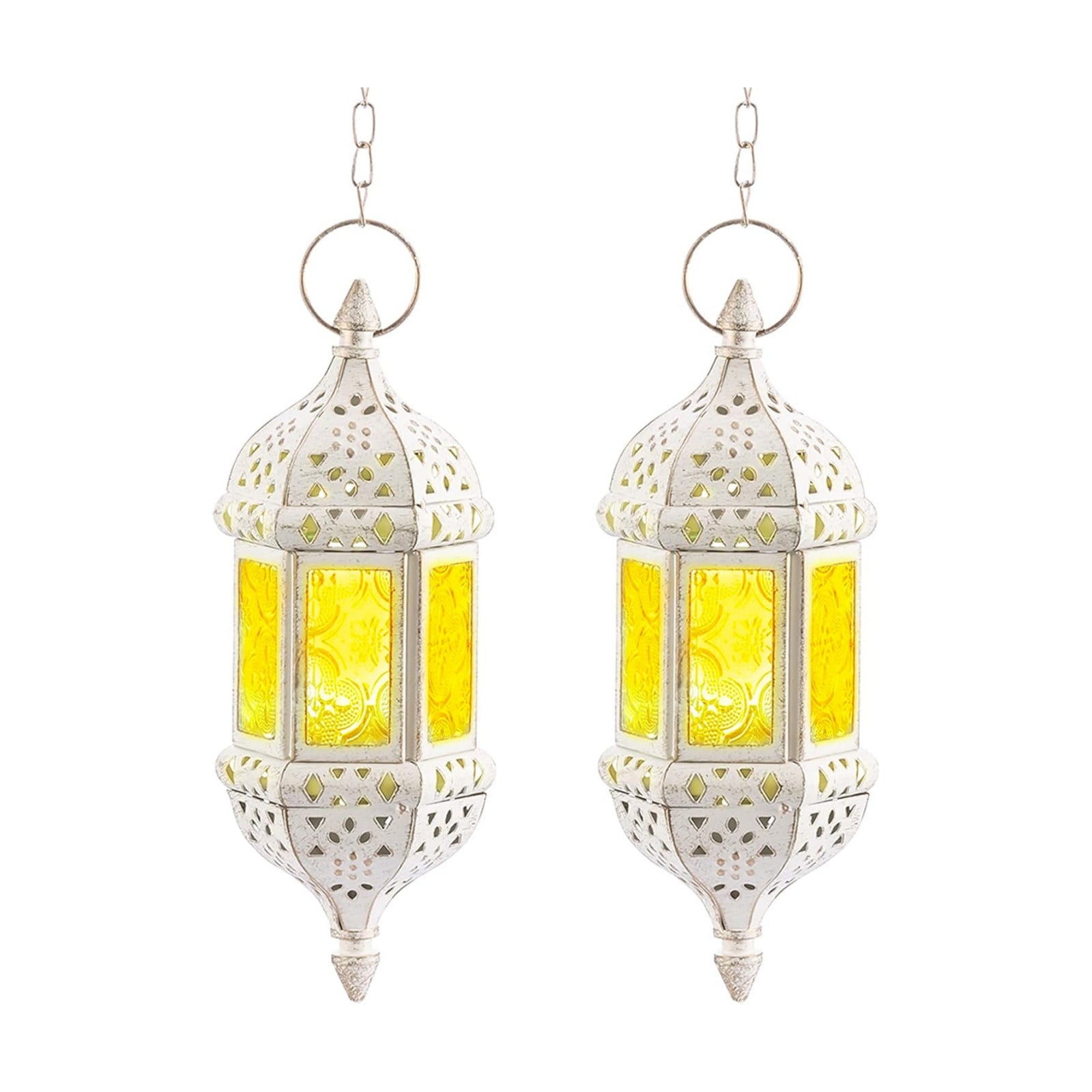 2 Pcs Moroccan Lantern Metalwork Hanging Tealight Candle Holder Metal Glass Indoor Outdoor Battery Operated LED