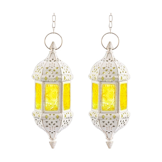 2 Pcs Moroccan Lantern Metalwork Hanging Tealight Candle Holder Metal Glass Indoor Outdoor Battery Operated LED