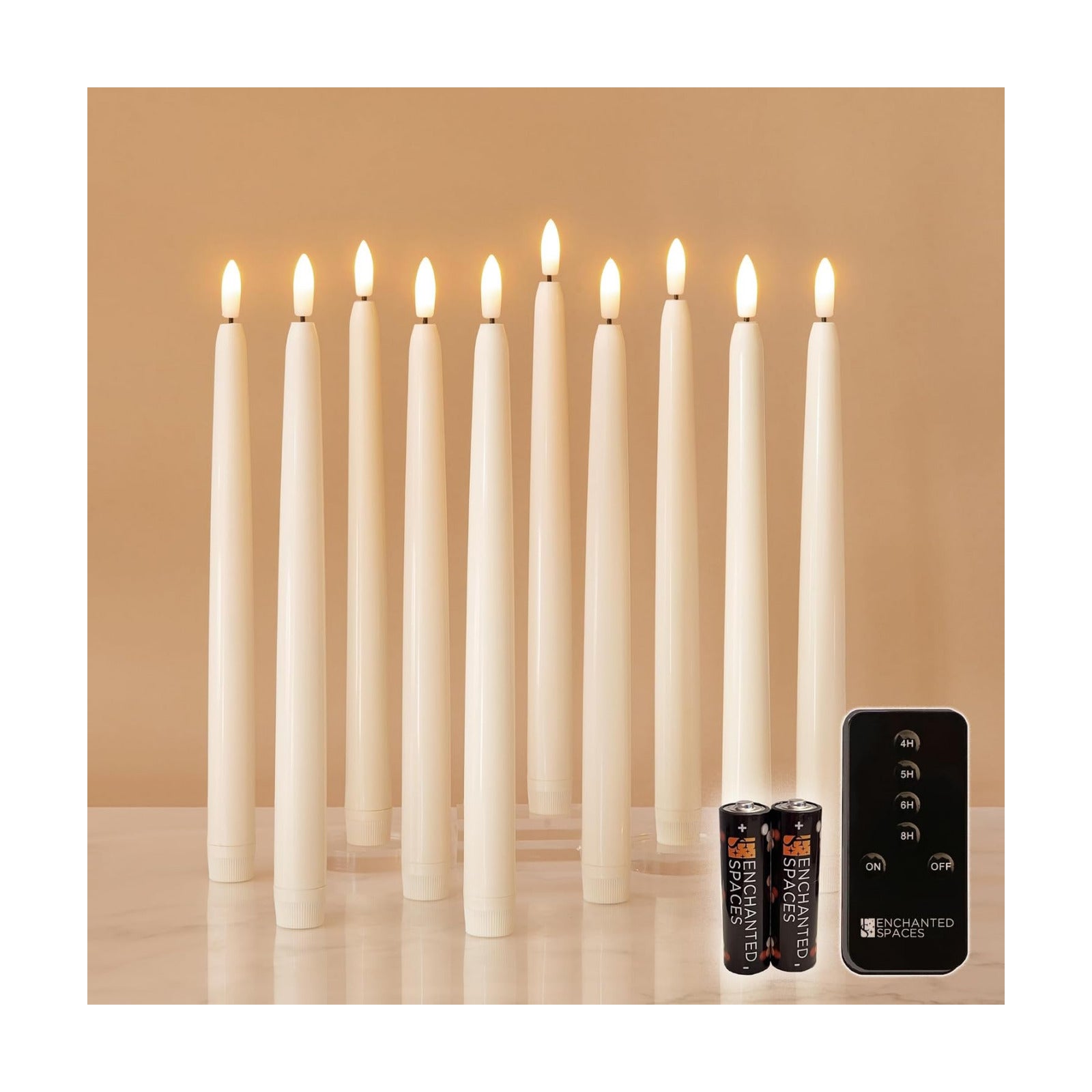 Set of 10 Daily Timer Flameless LED Ivory 10" Taper Candles with Realistic Black Wick, Daily Timer Remote Control and