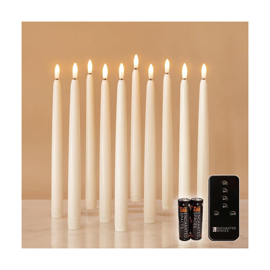 Set of 10 Daily Timer Flameless LED Ivory 10" Taper Candles with Realistic Black Wick, Daily Timer Remote Control and