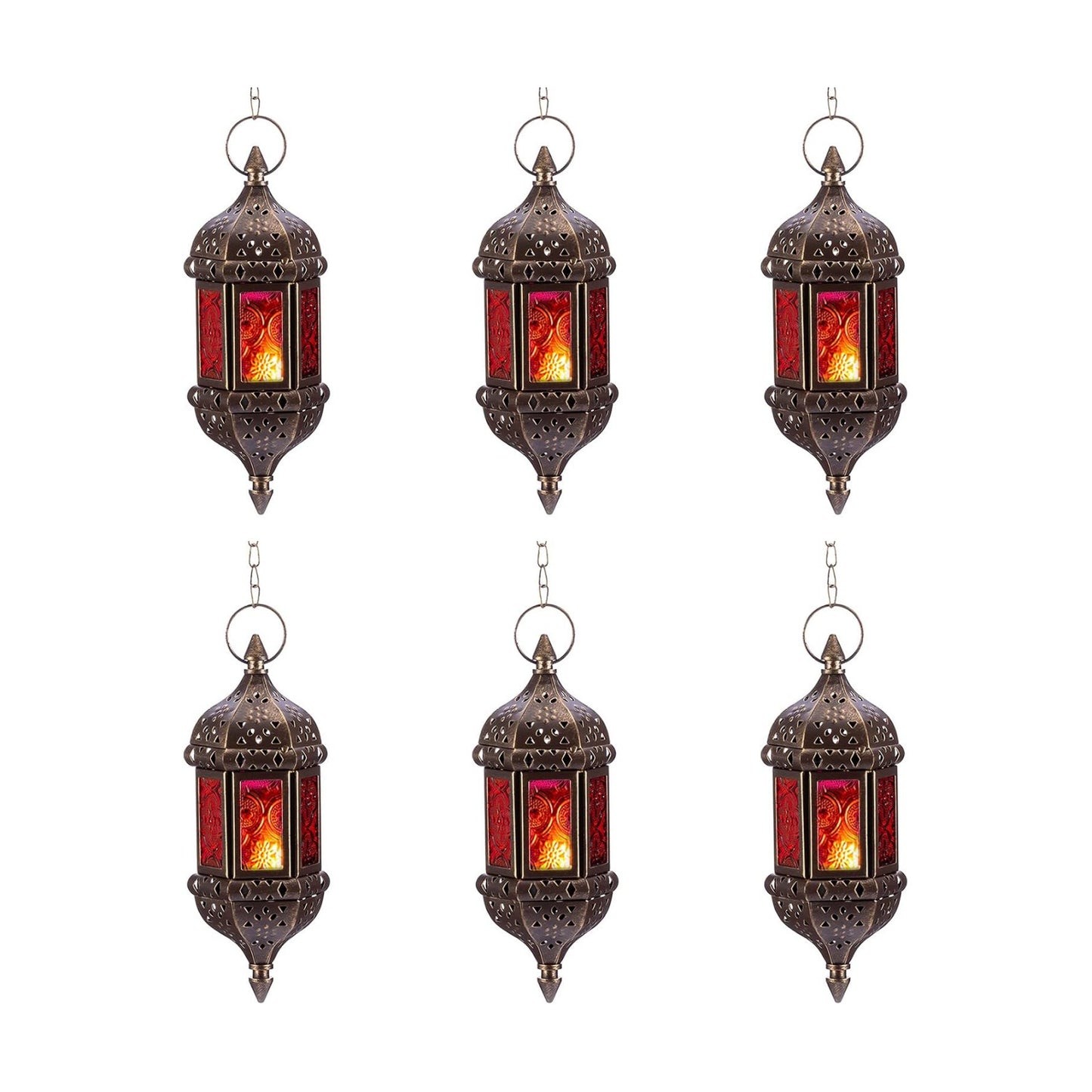 6 Pcs Hanging Hexagon Decorative Moroccan Candle Lantern Holders, Handmade Hanging Tea Light Holder in Bronze Metal &