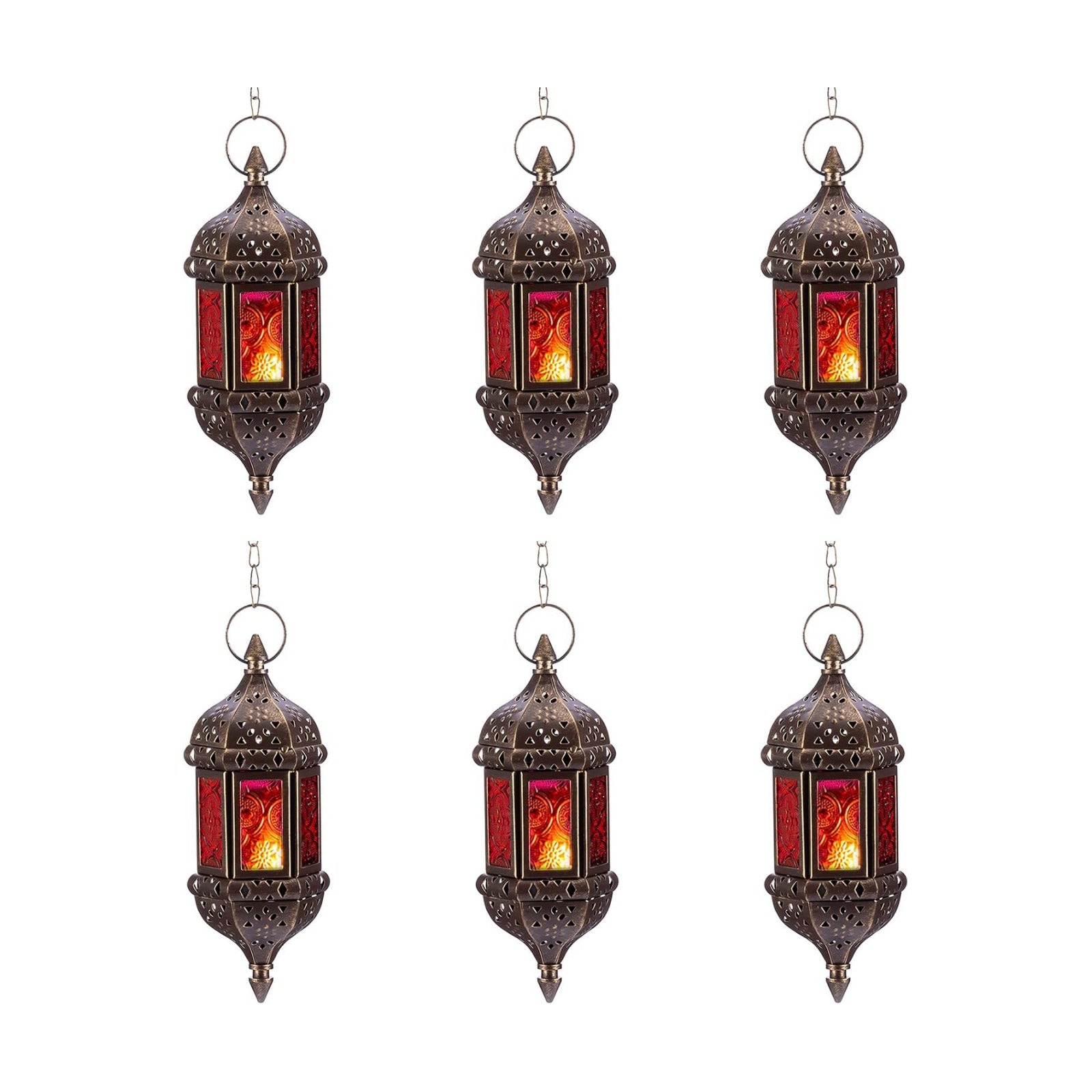 6 Pcs Hanging Hexagon Decorative Moroccan Candle Lantern Holders, Handmade Hanging Tea Light Holder in Bronze Metal &