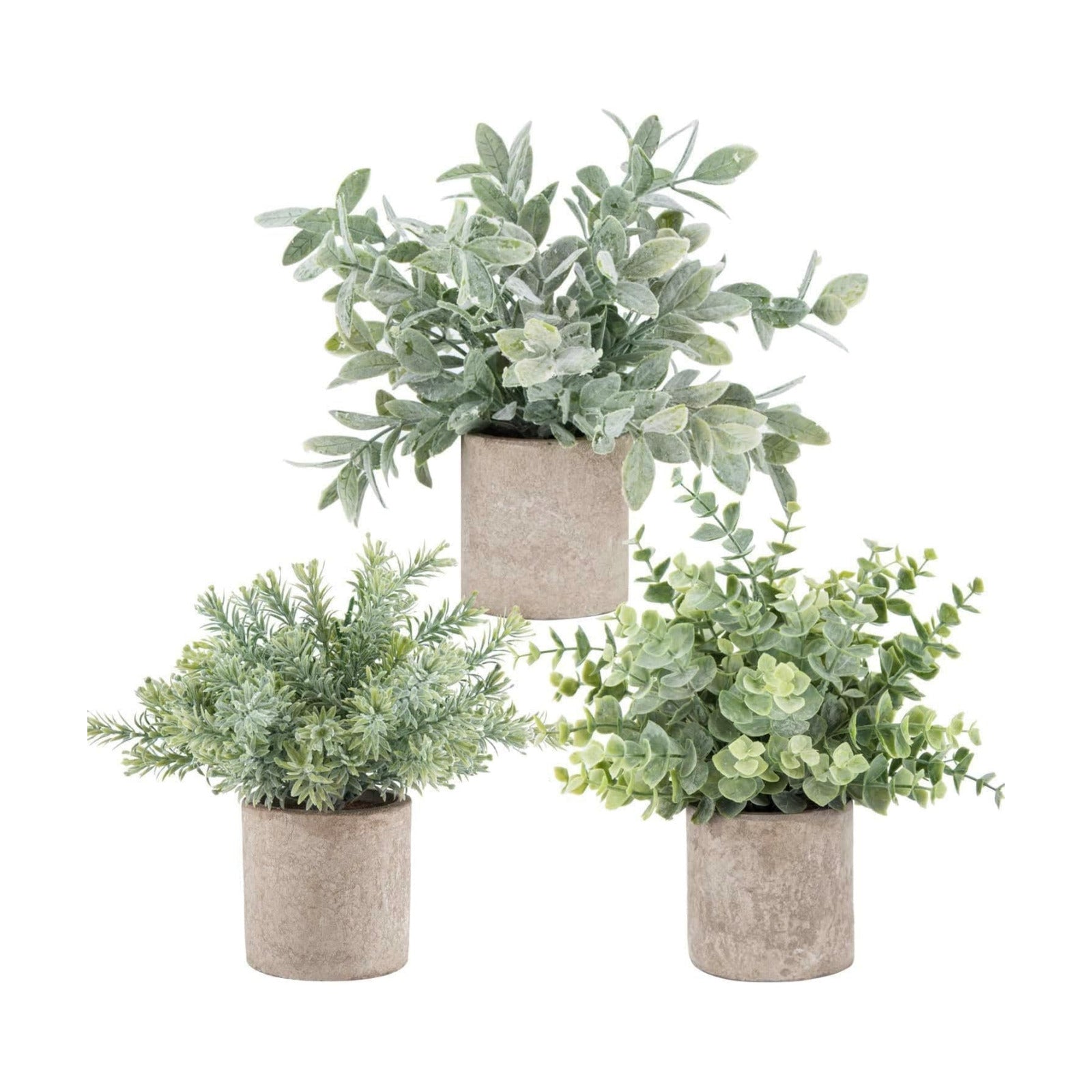 Mini Potted Fake Plants Artificial Plastic Eucalyptus Plants Topiaries / Sage Green / Set of 3