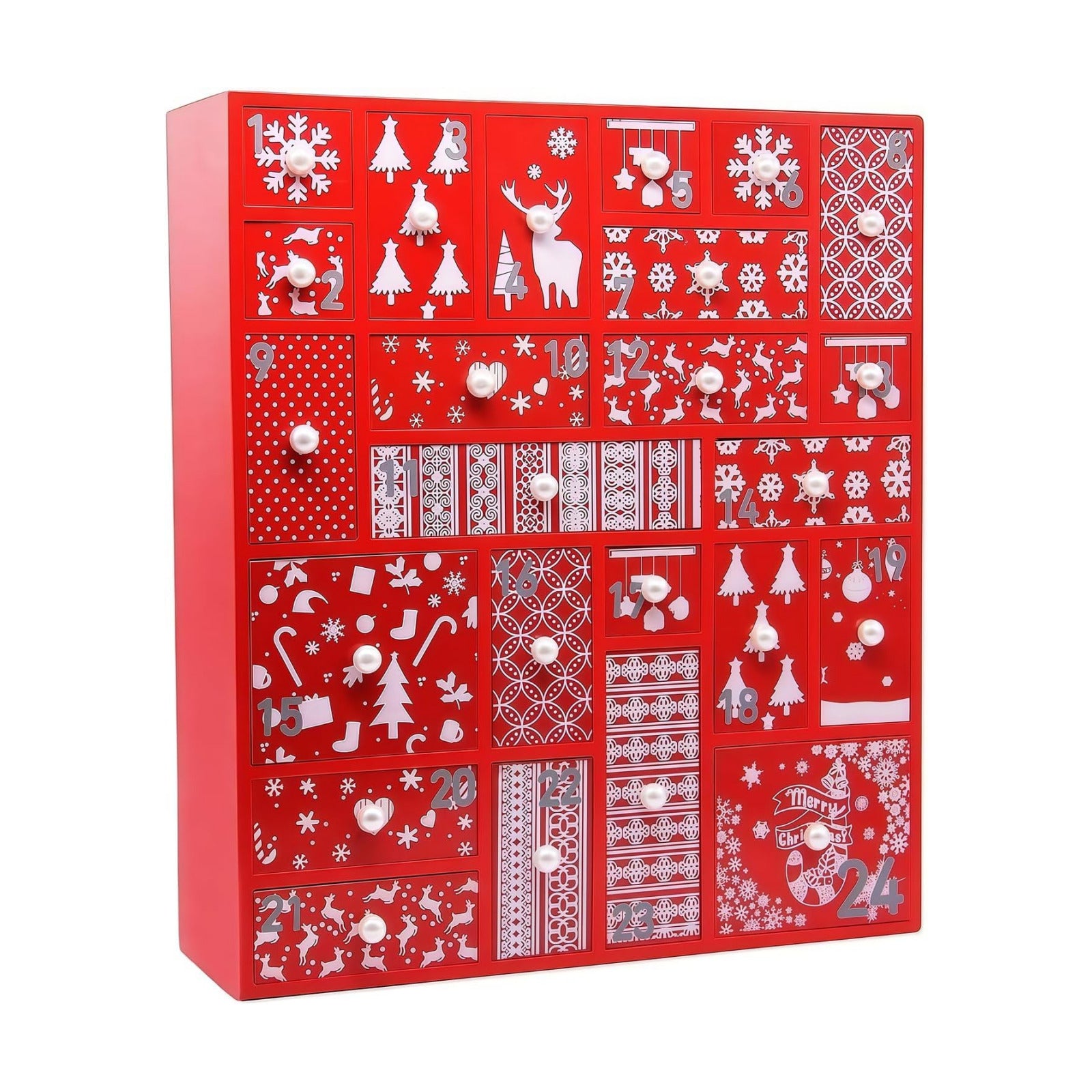 Juegoal Red Advent Calendar with 24 Drawers Countdown to Christmas, Refillable Wooden Advent, 15 Inches Tall