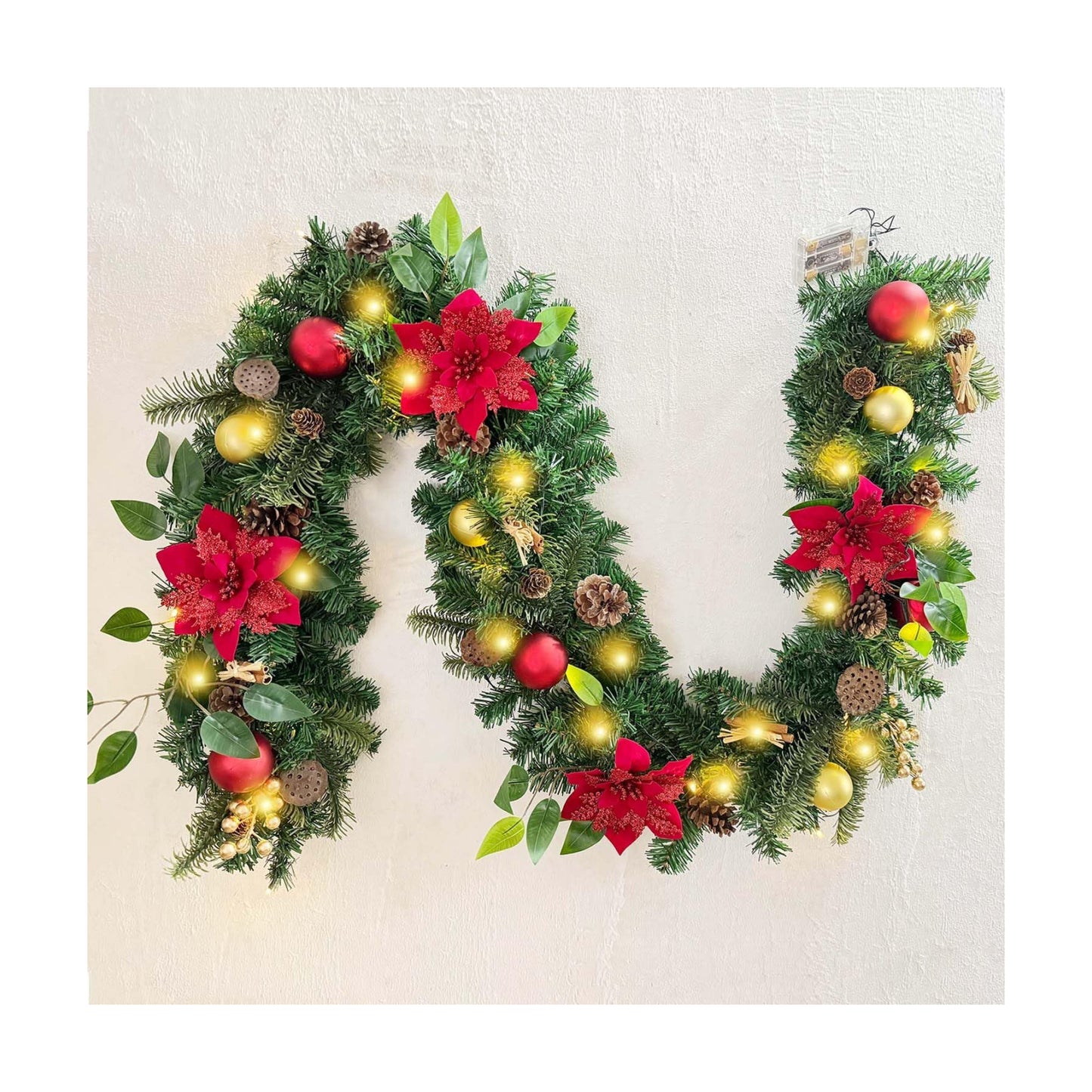 WANNA-CUL Pre-Lit 6ft Red Gold Christmas Garland with 30 LED Timer Lights | Luxury Lighted Garland for Mantel with