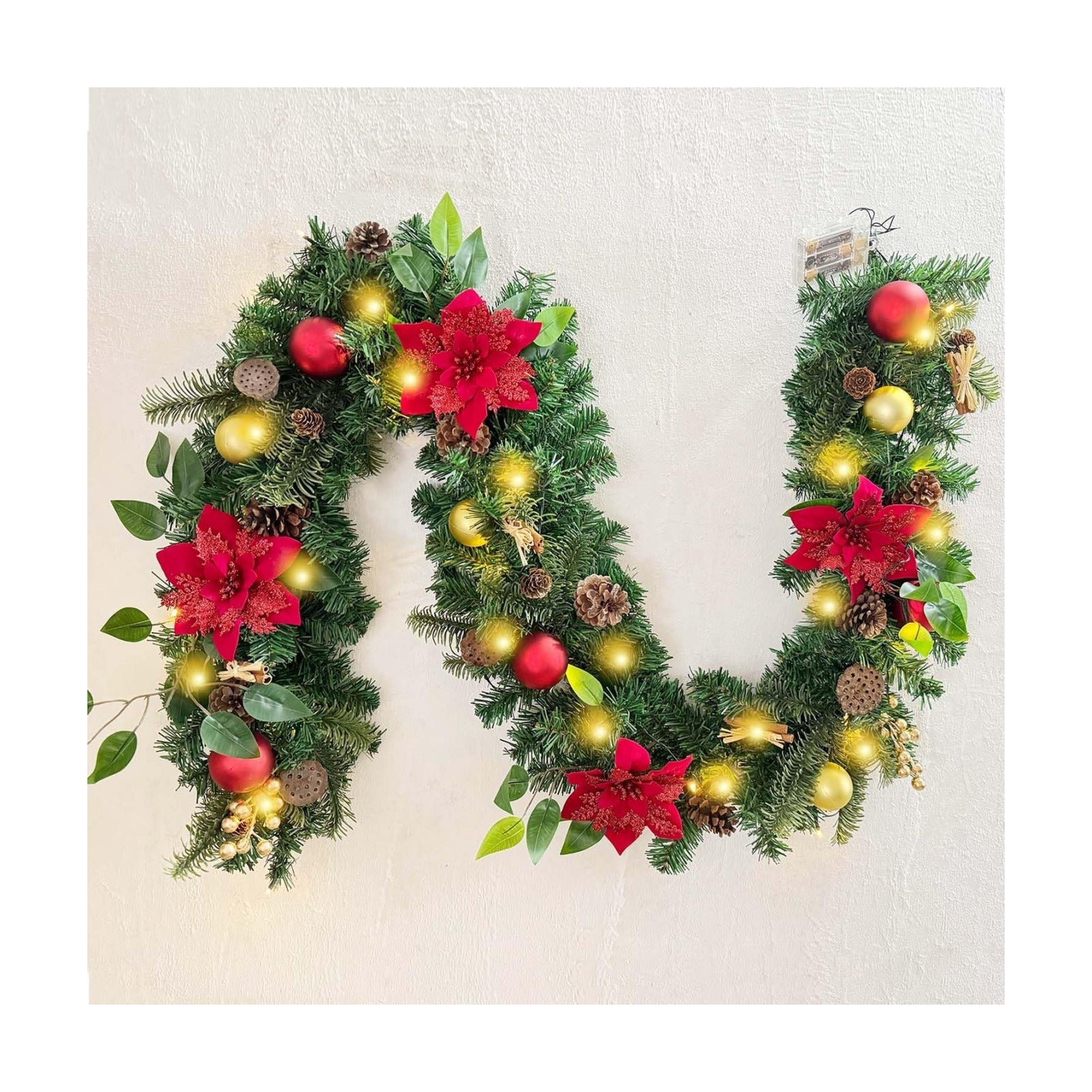 WANNA-CUL Pre-Lit 6ft Red Gold Christmas Garland with 30 LED Timer Lights | Luxury Lighted Garland for Mantel with