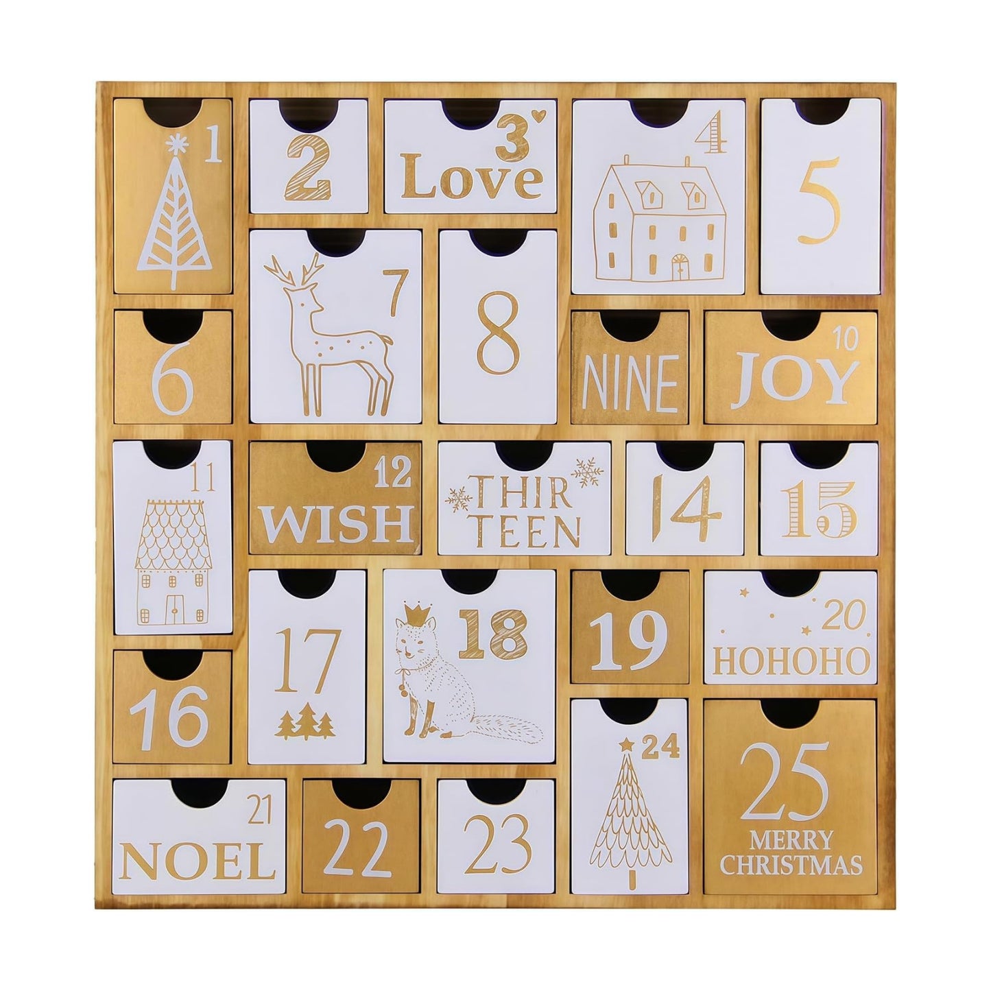 Juegoal Advent Calendar with 25 Drawers Countdown to Christmas, Refillable Wooden Advent Xmas Gift for Kids, 12 Inches