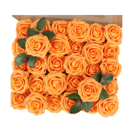 30PCS Orange Artificial Flowers, Real Touch Fake Roses for Fall Decorations