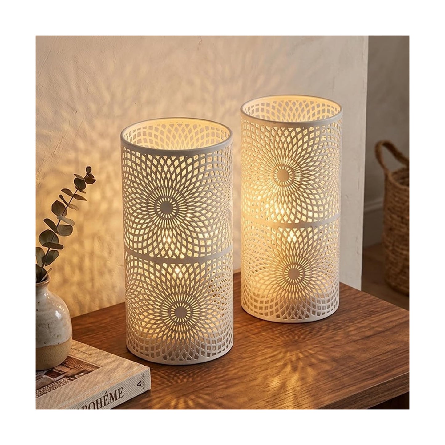 JHY DESIGN Set of 2 White Table Metal lamp Battery Powered Cordless Accent Light with Edison Style Bulb battery