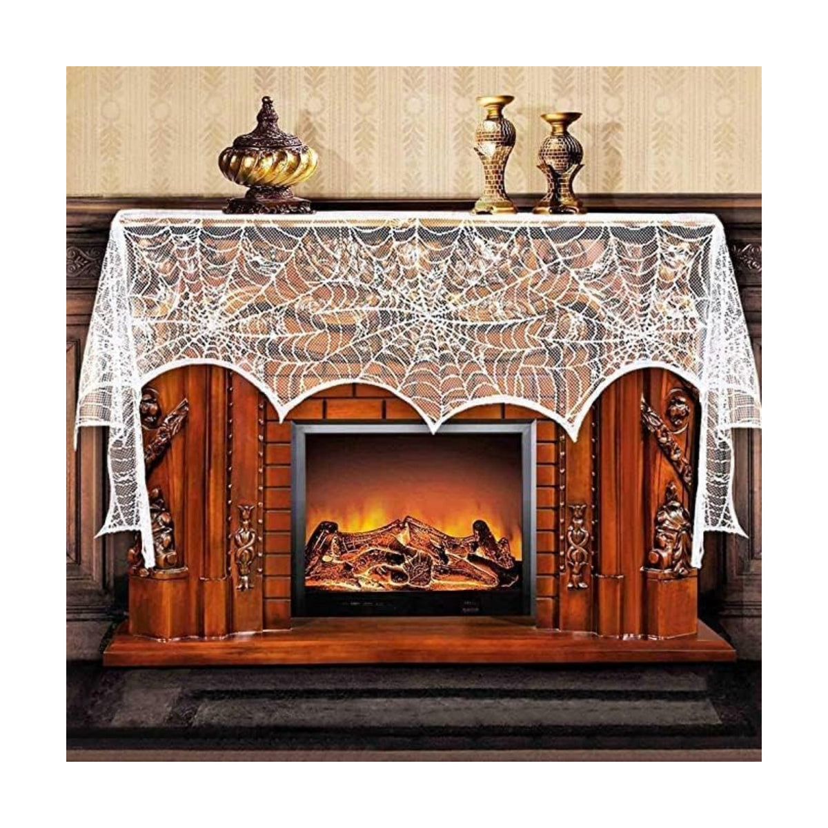 AerWo Halloween Fireplace Mantel Scarf, Halloween Decorations White Lace Spiderweb Fireplace Cover Festive Party Supplies,18 x 98 inch