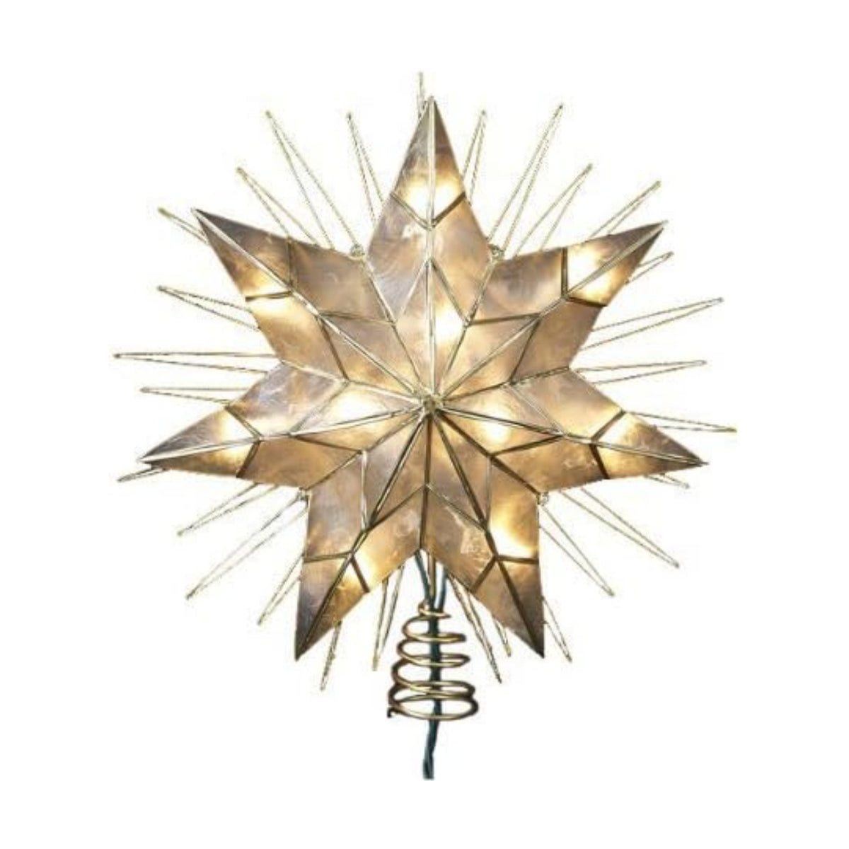 Kurt Adler 12" 7-Point Natural Capiz Lighted Tree Topper | Christmas Tree Star Topper | Gold Tree Topper Star with Lights | Light Up Star Christmas Tree Topper w/Wire Rays Accent (12 Inches, Gold)