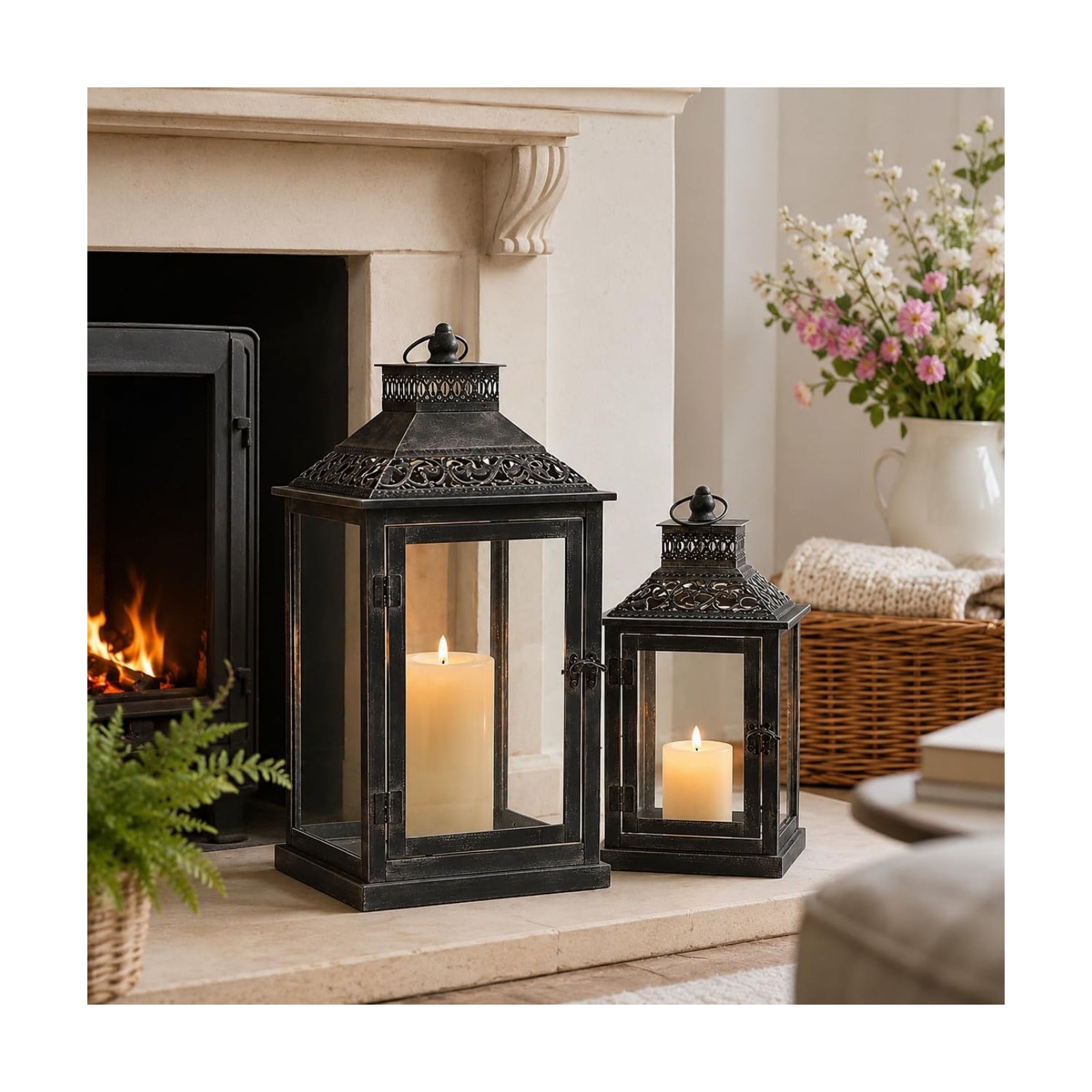 JHY DESIGN Set of 2 Antique Grey Brush Decorative Lanterns Metal Candle Lanterns for Indoor Outdoor Events Paritie and