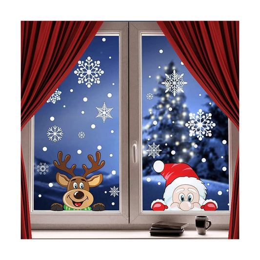300 PCS 8 Sheet Christmas Snowflake Window Cling Stickers for Glass, Xmas Decals Decorations Holiday Snowflake Santa Claus Reindeer Decals for Christmas Home Glass Decoration Party Supplies