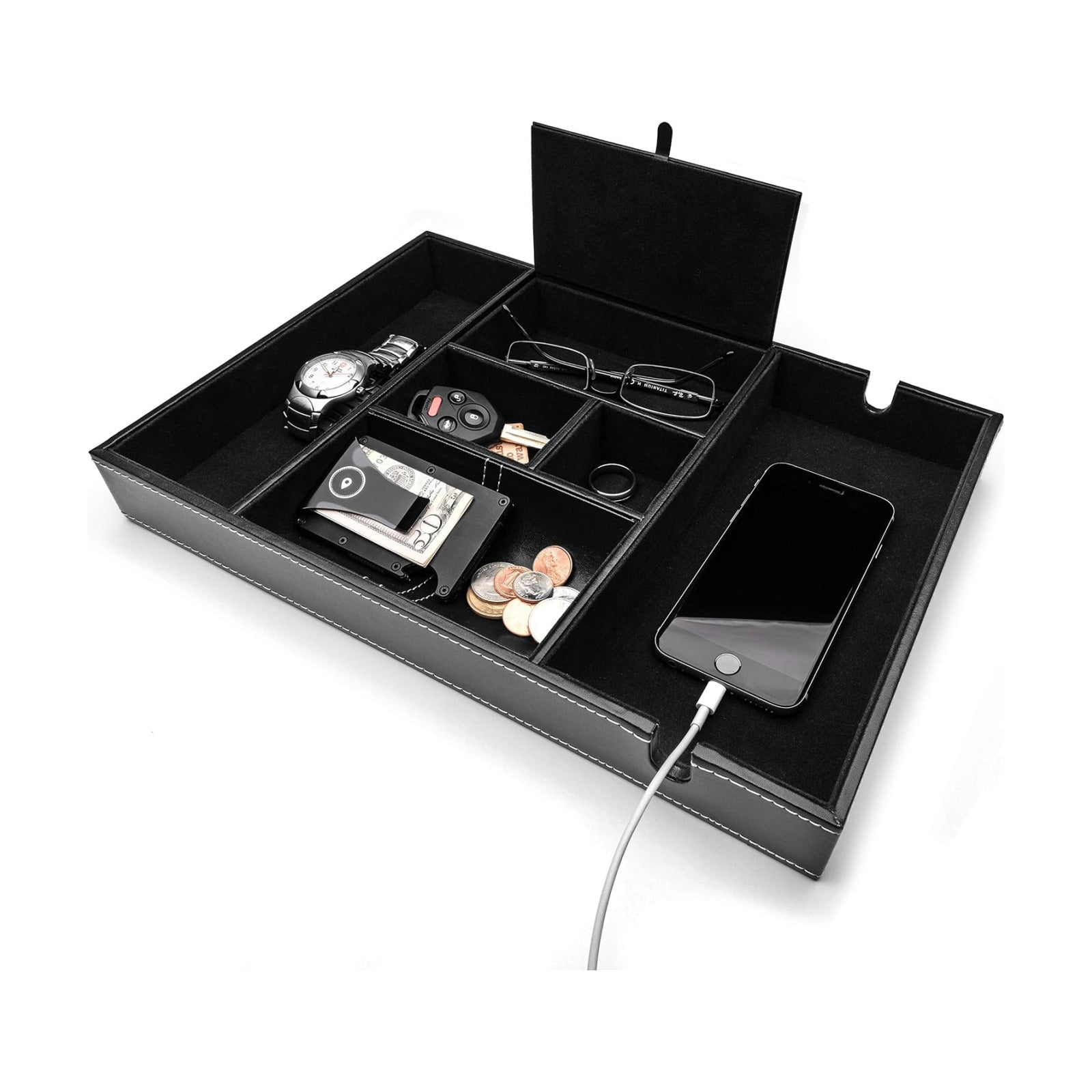 ULTRAY, Valet Tray for Men, Nightstand Organizer, Entry Table Organizer, Catch All, Black Faux Leather Box, 6