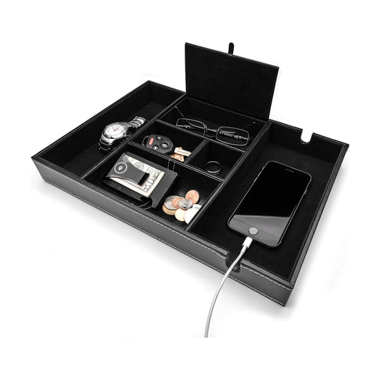 ULTRAY, Valet Tray for Men, Nightstand Organizer, Entry Table Organizer, Catch All, Black Faux Leather Box, 6