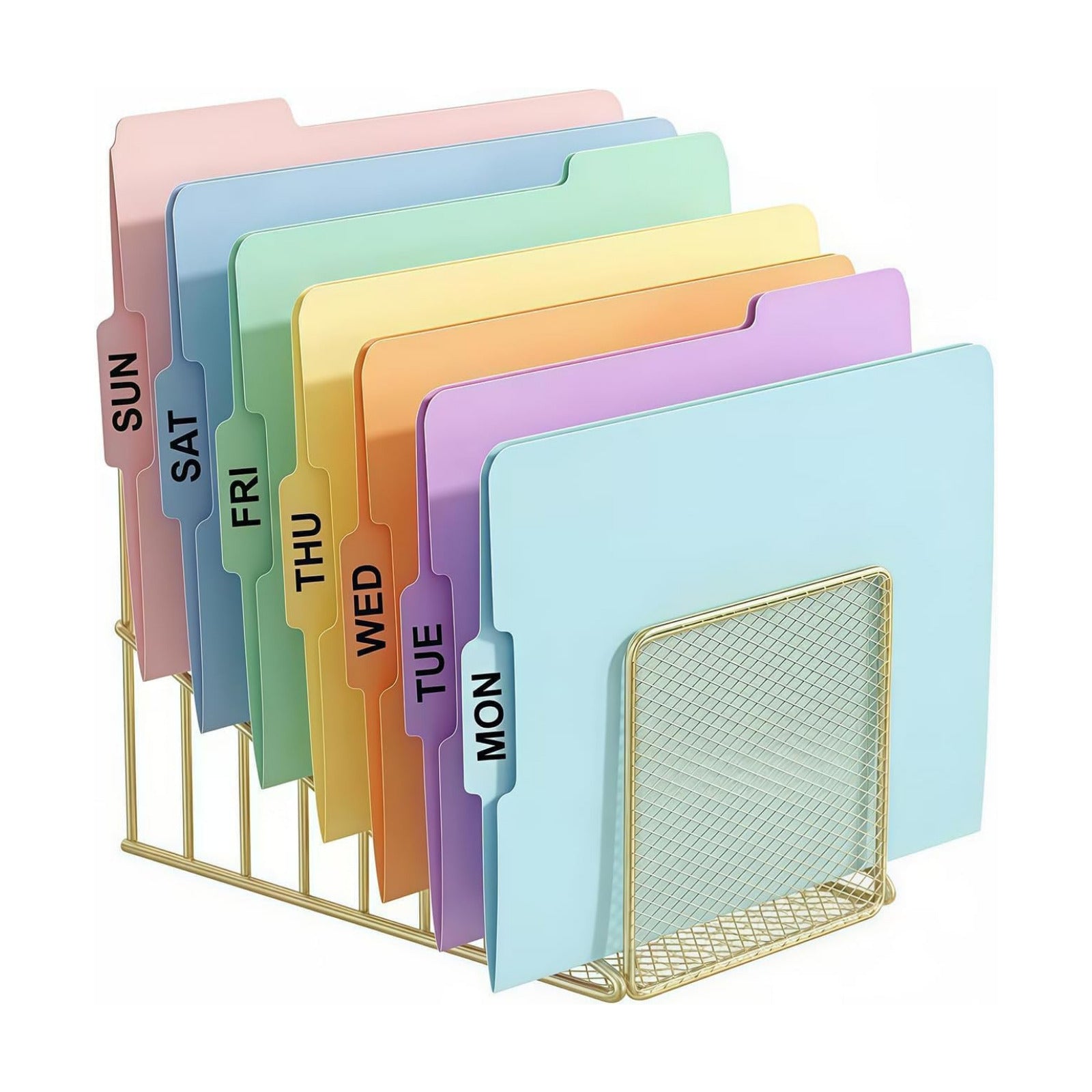 Gold Desk Organizer 7 Slot Inclined Vertical File Folder Holder Sorter with Mesh Front Metal Wire Rack for Mail, Slim