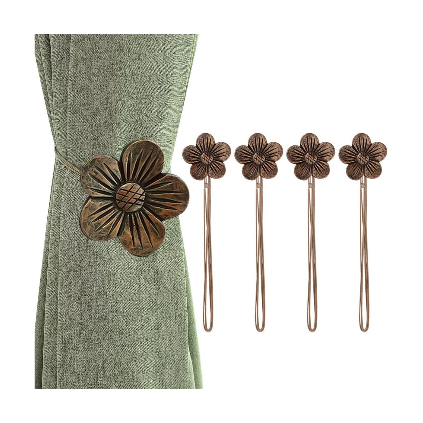 Lewondr Magnetic Curtain Tiebacks, Flower Vintage Curtain Holdbacks, Coffee | 2 Pairs, Resin Curtain Ties with Rope