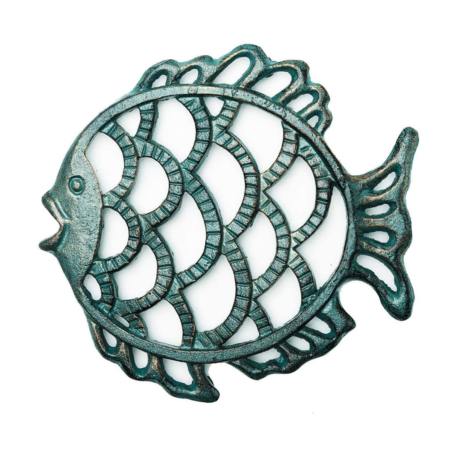 Sungmor Cast Iron Cute Fish Trivet for Wood Stove - Dia-7.5 Inch Dark Green Finish - Rustproof Round Stands for Hot