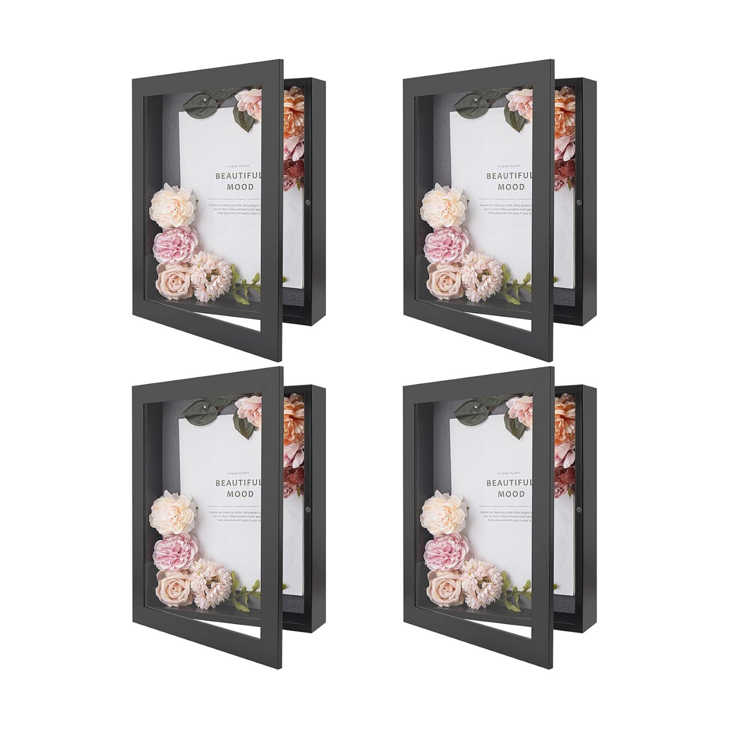 Golden State Art 4 Pack 11x14 Black Shadow Box Frame 2-inch Depth | 6 Pins Included*4, Letter Stickers, 3D Picture