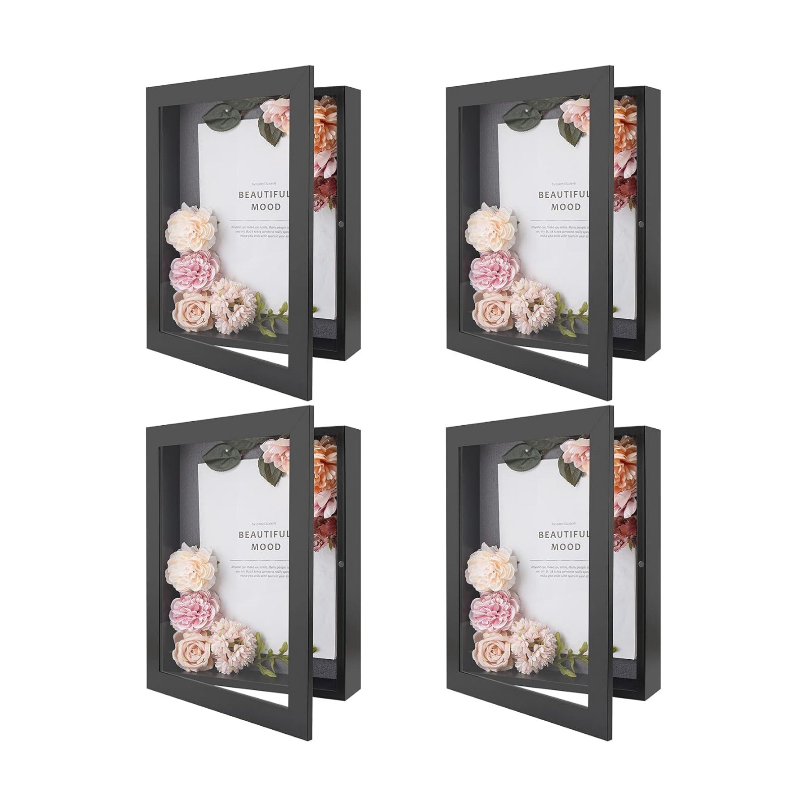 Golden State Art 4 Pack 11x14 Black Shadow Box Frame 2-inch Depth | 6 Pins Included*4, Letter Stickers, 3D Picture