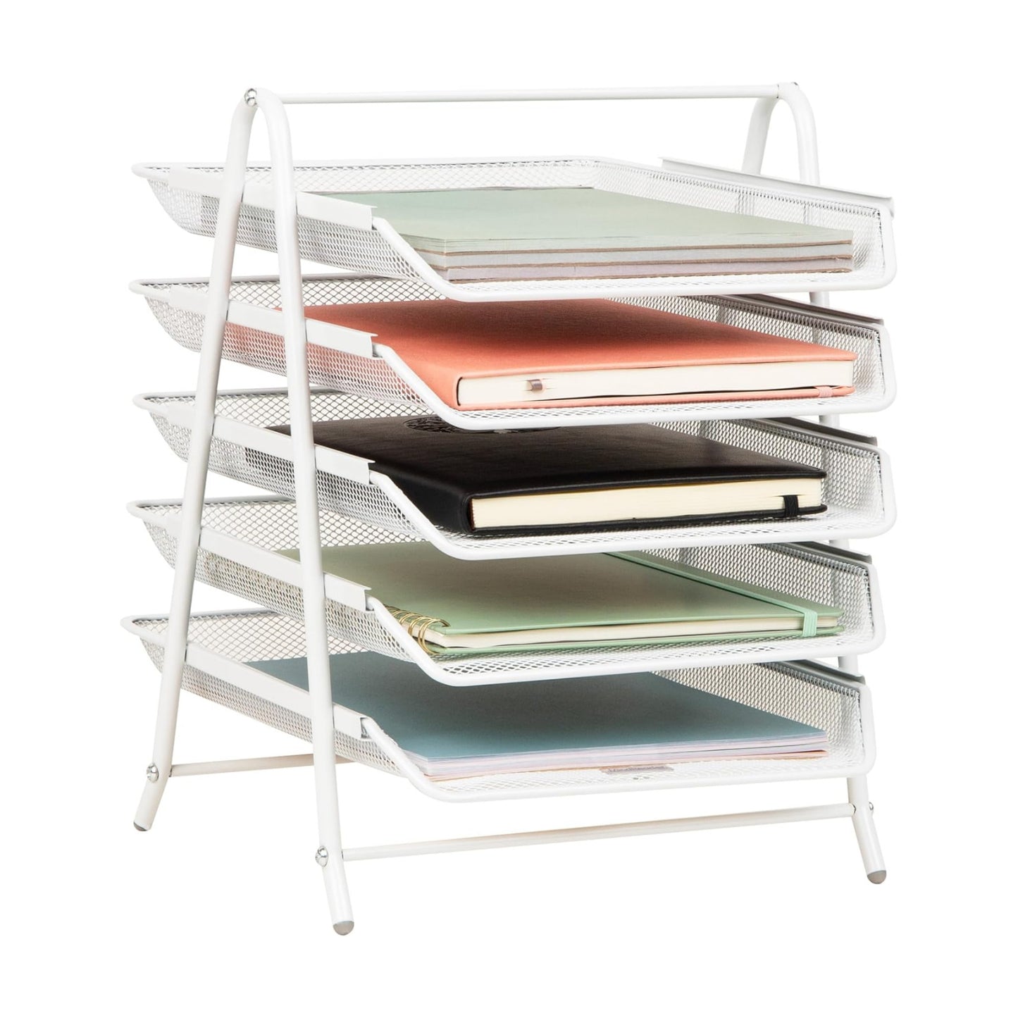 Mind Reader 5-Tier Paper Tray Organizer, White | Vertical Desktop File Storage Rack, Office, Metal Mesh