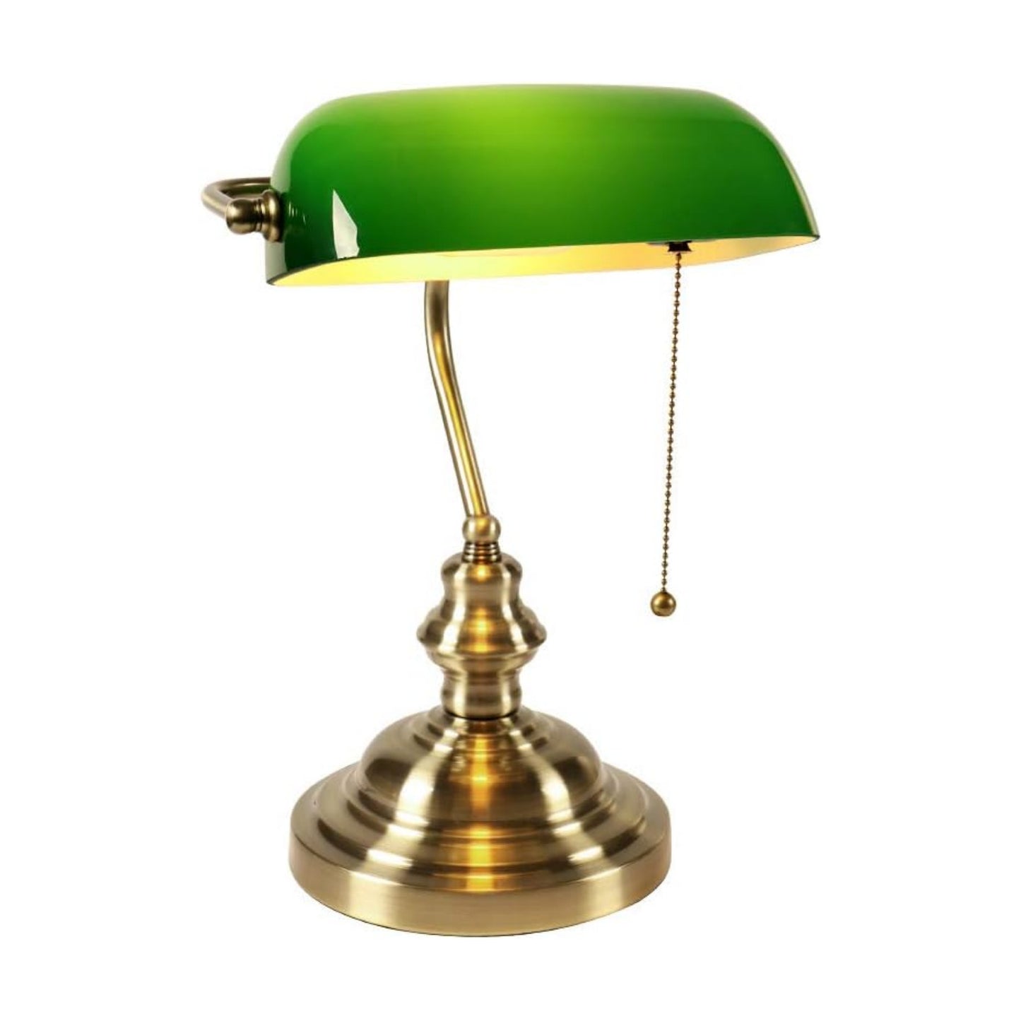 Glass Bankers Desk Lamp with Pull Chain Switch Plug in Fixture (Green)