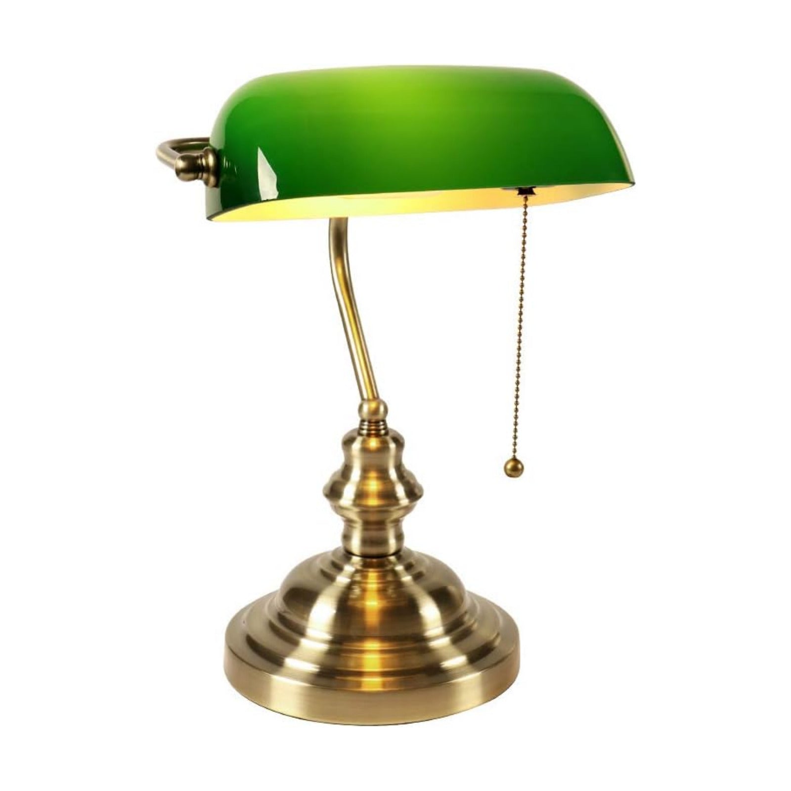 Glass Bankers Desk Lamp with Pull Chain Switch Plug in Fixture (Green)