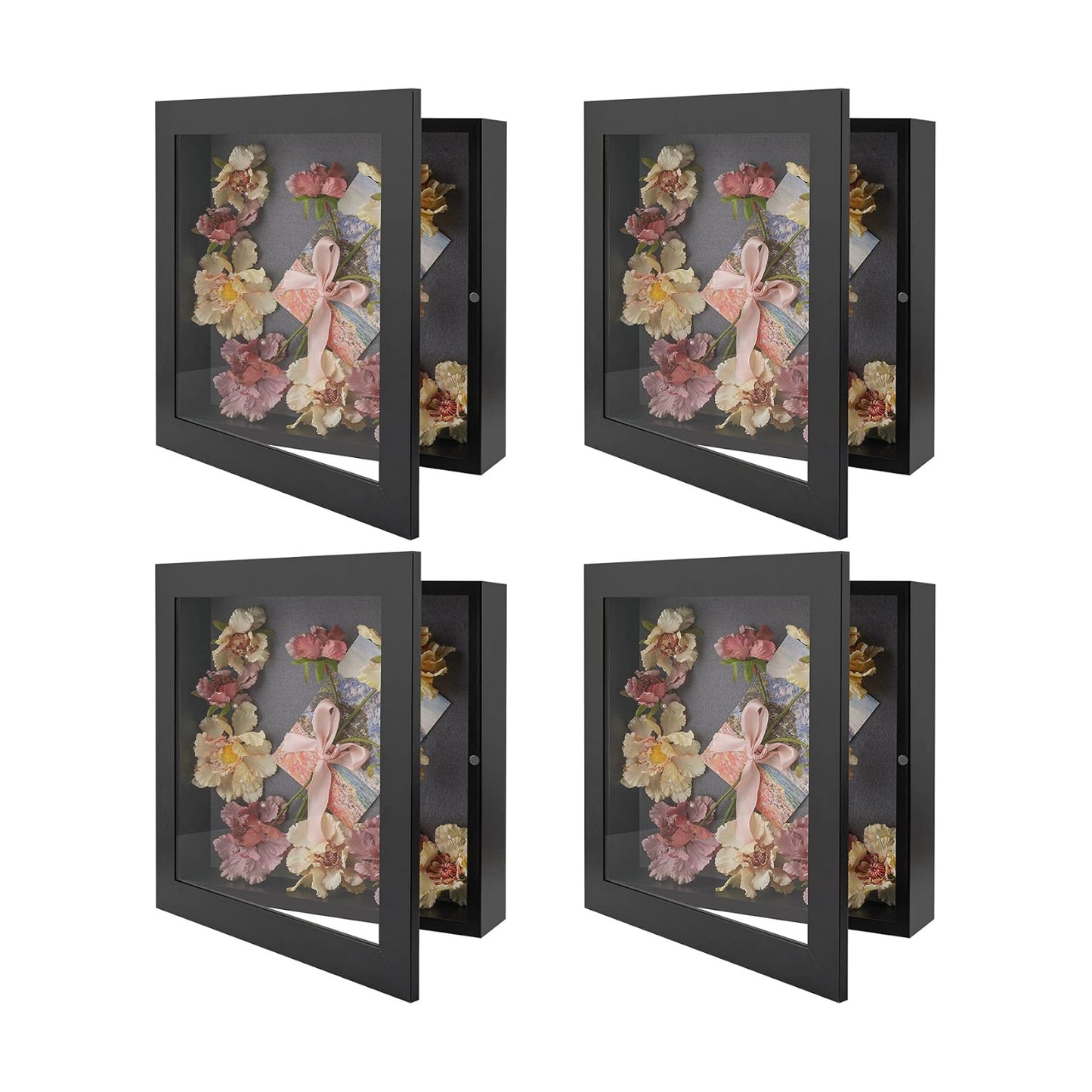 Golden State Art 4 Pack 11x11 Black Shadow Box Frame 2-inch Depth | 6 Pins Included*4, Letter Stickers, 3D Picture