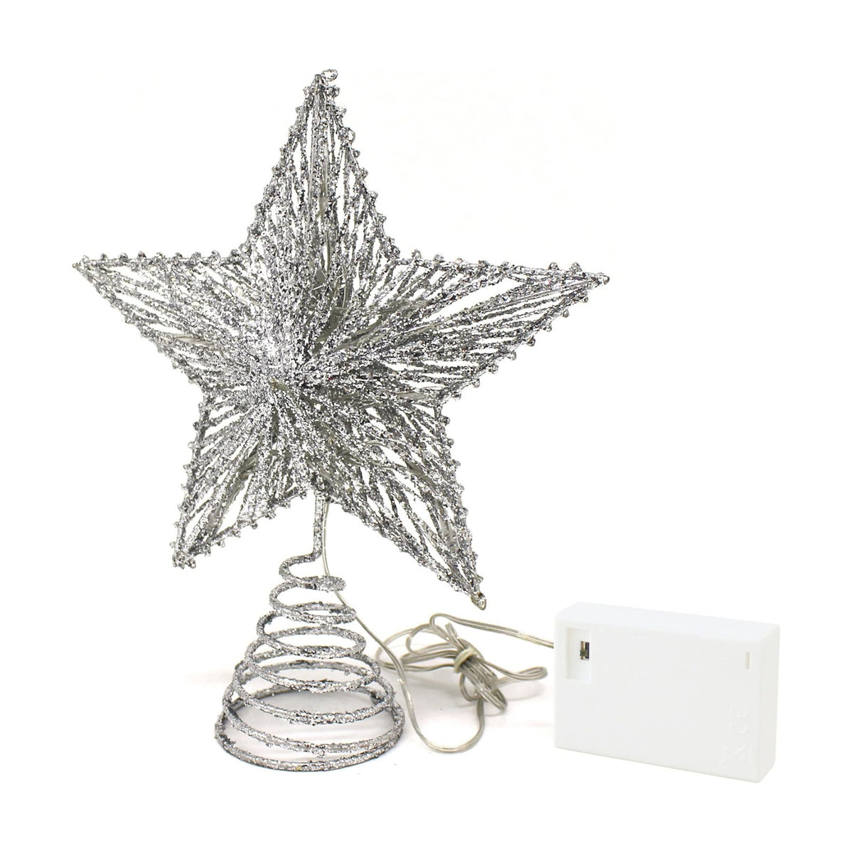 CVHOMEDECO. Silver Glittered 3D Tree Top Star with Warm White LED Lights and Timer for Christmas Tree Decoration and Holiday Seasonal Décor, 8 x 10 Inch