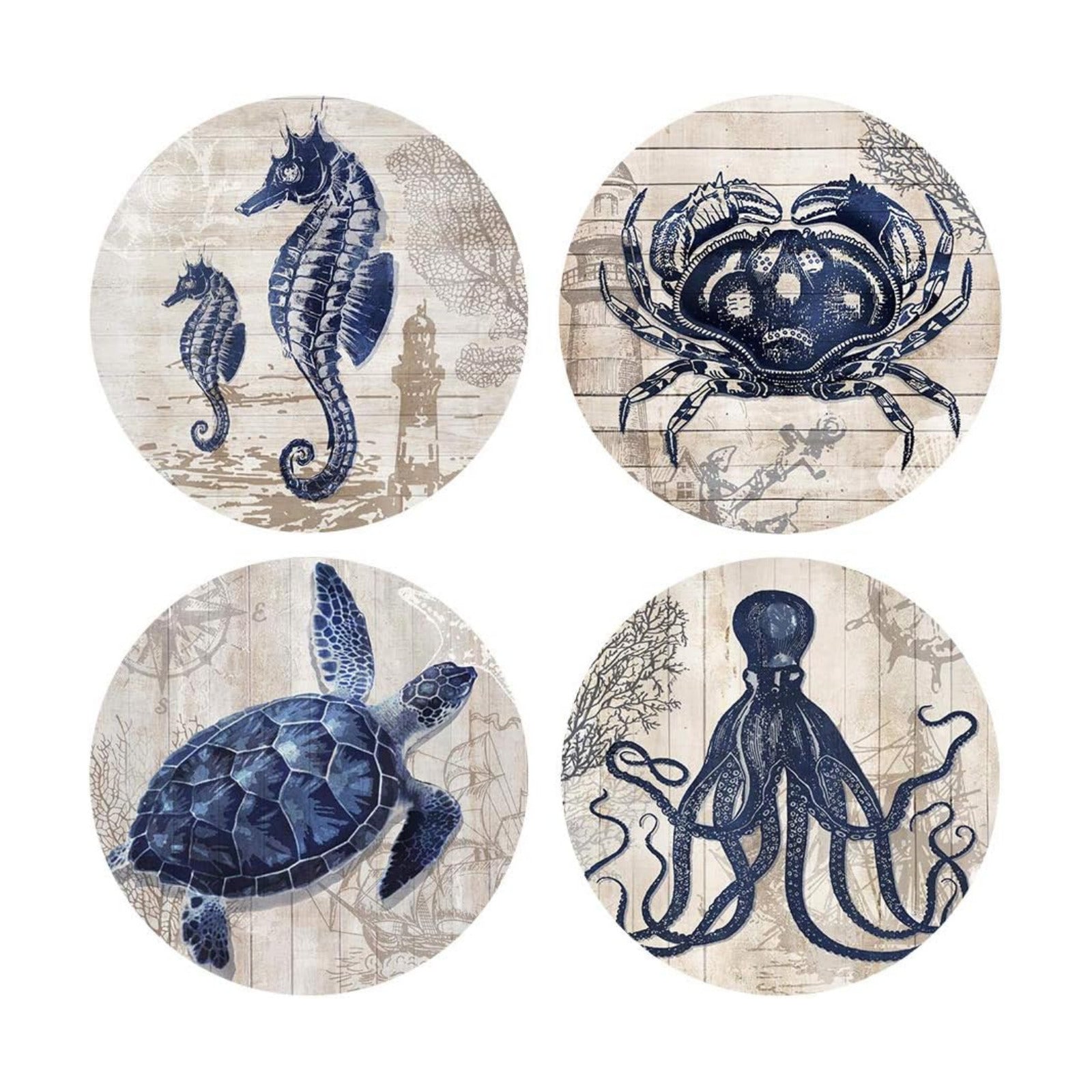 Absorbent Coasters Ceramic Thirsty Stone Navy Blue Octopus Seahorse Crab / Sea Animals / Natural
