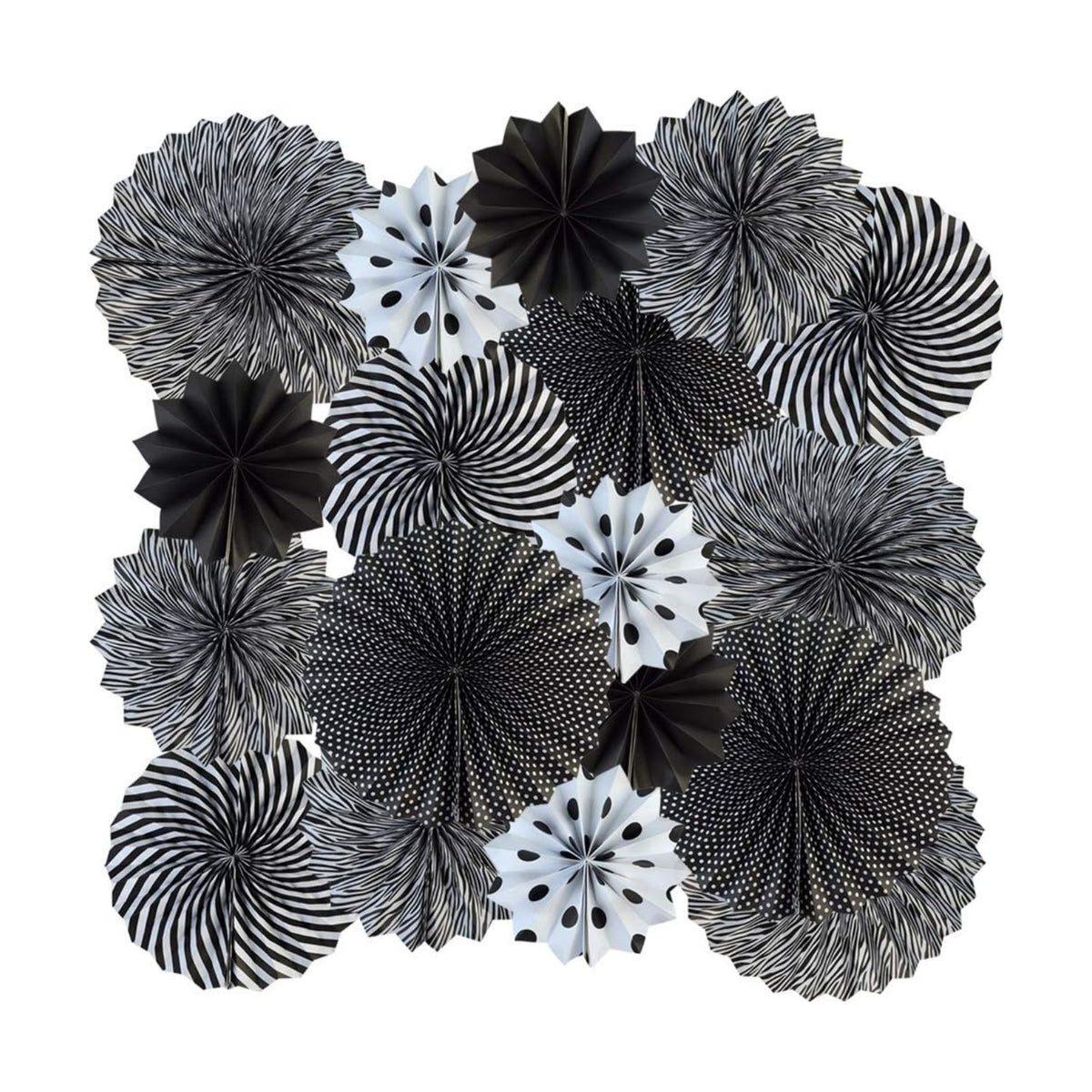 18pcs Party Hanging Paper Fans Set Black White Round Paper Fans Decorative Pattern Folding Fan Halloween Hanging Garlands for Halloween Birthday Wedding Graduation Events Accessories