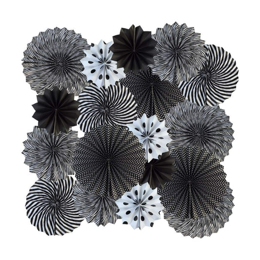 18pcs Party Hanging Paper Fans Set Black White Round Paper Fans Decorative Pattern Folding Fan Halloween Hanging Garlands for Halloween Birthday Wedding Graduation Events Accessories