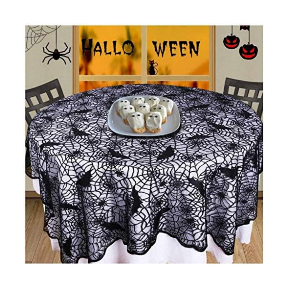 70-Inch Round Cobweb Table Topper, Halloween Bat Spider Web Tablecloth