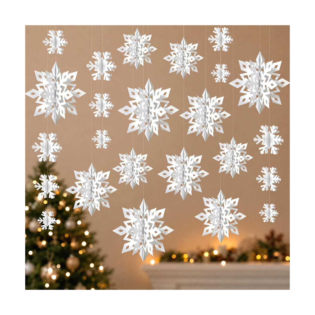 Snowflake Decorations, Paper Christmas Hanging Decor Indoor, White, 14-Pc