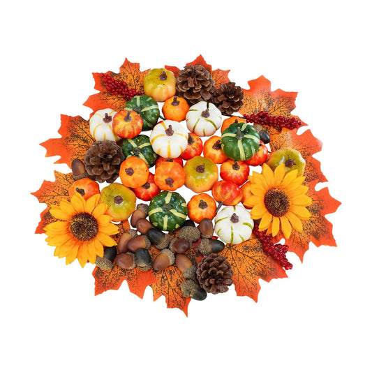 68 Pcs Assorted Mini Artificial Pumpkins with Maple Leaves Pinecones Acorns Sunflowers Berries Fall Decorating Kit for Fall Wedding Thanksgiving Halloween Table Centerpiece Wreaths Vase Bowl Fillers